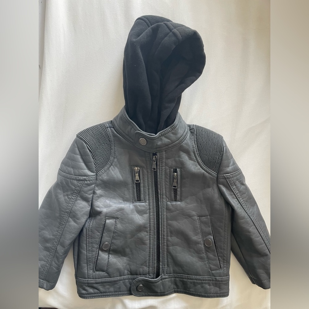 Urban Republic 18 Month Boy Black Faux Leather Zip Up Jacket w Hood